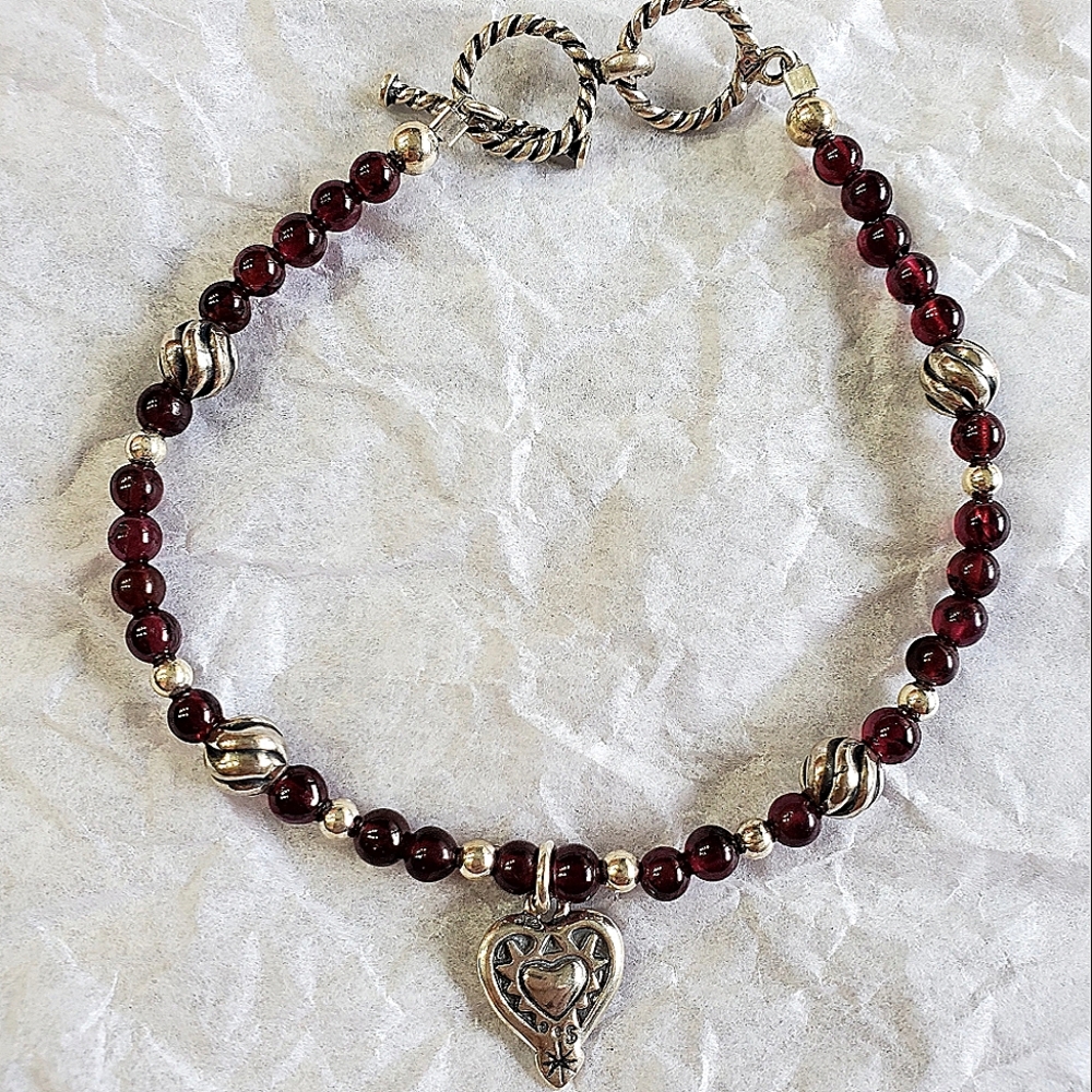 Silpada 925 Sterling Silver & Garnet Bead Heart Charm Bracelet